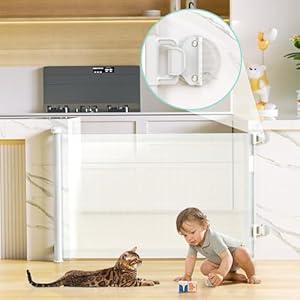 No-Drill Retractable Baby Gates for Stairs with Auto-Lock, 33" Tall, Extends up to 55" Wide Mesh Baby Dog Pet Cat Gate with Double Lock for Doorways, Child Gate for Hallways Kitchen Indoor Outdoor White