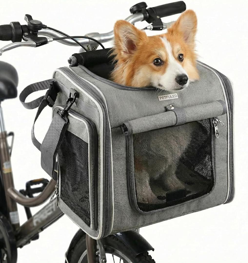 Dog Bike Basket,Eapandable Foldable Soft-Sided pet Front Bicycle Carrier Backpack with 4 Open Doors, 4 Mesh Windows for Small Medium Dog Cat Puppies, Car Booster Seat with Safety Strap (Grey)