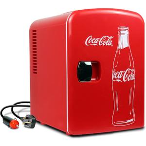 Coca Cola Mini Fridge for Bedroom Cosmatic Office 4L Small Refrigerator 6 Can Mini Dorm Fridge Portable Cooler 12V DC 110V AC Personal Travel Snacks Drinks Red