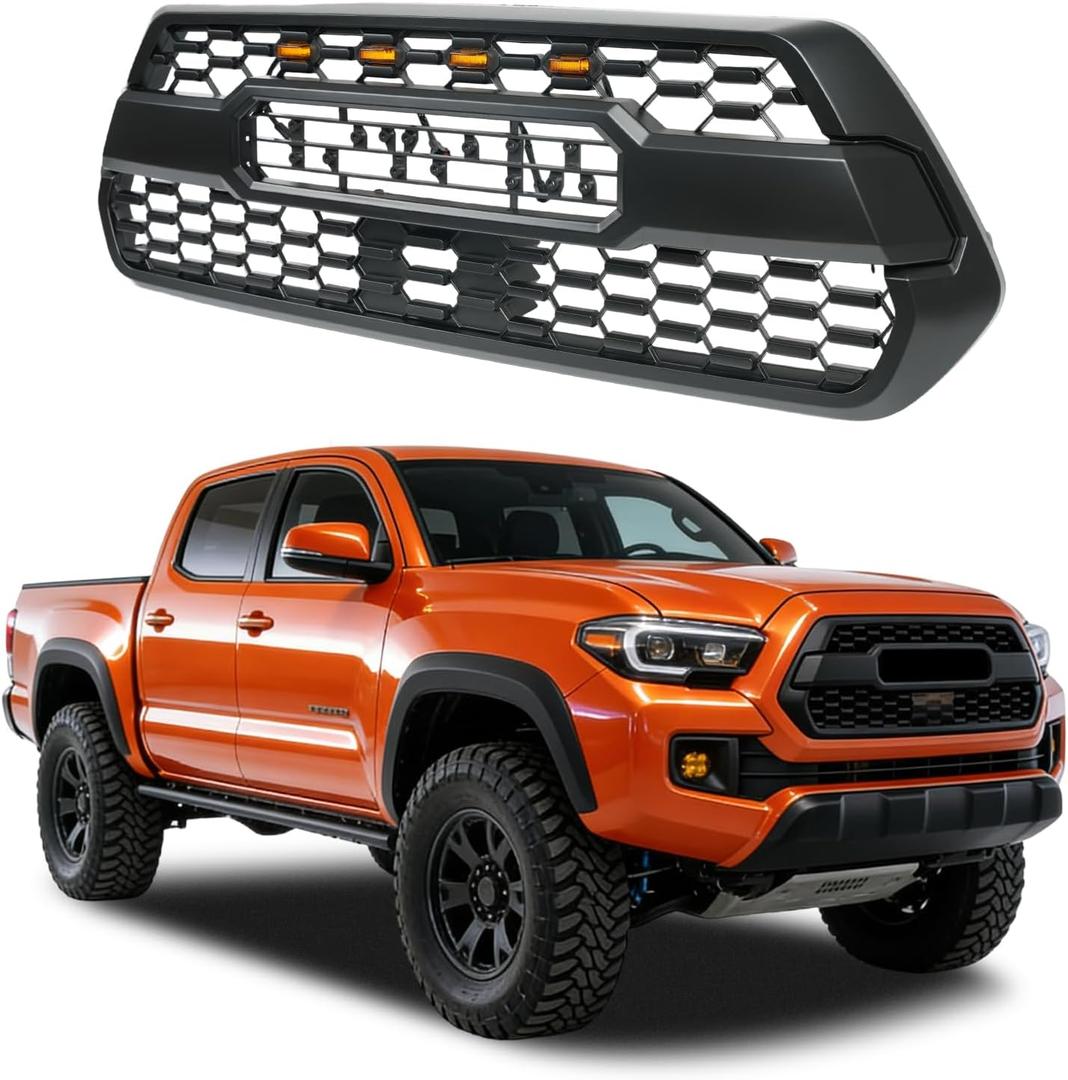 Front Grill Compatible with 2016-2023 Toyota Tacoma SR / SR5 / TRD Matte Black Replacement Front Bumper Grill ABS Bumper Grille Assembly with Amber LED Lights & Letters