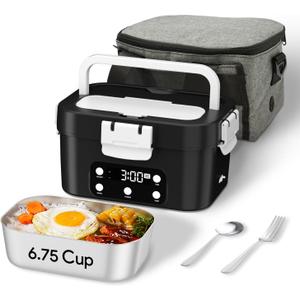 Cordless Electric Lunch Box, 6.75 Cup Automatic Food Warmer (212F), Rechargeable Portable Heated Meal Container for Office, Travel, OutdoorBlack