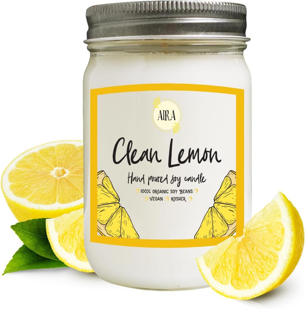 Aira Soy Candle  Clean Lemon  12 oz Mason Jar  Hand-Poured USA  Long-Lasting Vegan Soy Wax Candle  Fresh Citrus Aromatherapy  Paraffin-Free, Kosher, Cruelty-Free