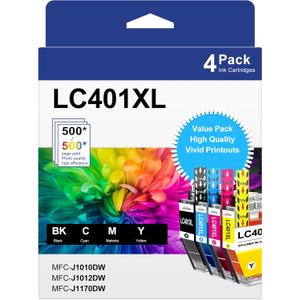 LC401XL Ink Cartridges for Brother Printer Compatible for LC401 Replacement for Brother LC401 Ink Cartridges LC401XL High Yield to use with MFC-J1010DW MFC-J1012DW MFC-J1170DW Printer (4 Pack, XL)