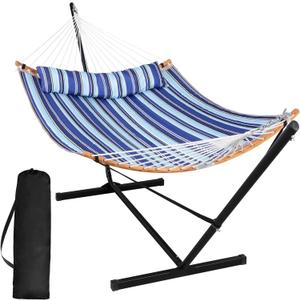 SUNCREAT Double Hammock with Stand Included, Portable Hammock with Stand and Large Pillow, Blue Stripes
