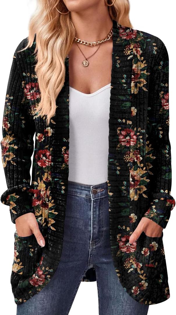 DB MOON Womens Long Cardigan Lightweight Sweater Open Front Long Sleeve Outfits with Pockets S, Brown Floral Black Medium