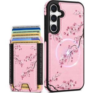 Shorogyt for Samsung Galaxy S25 Cute Kawaii Leather Phone Case - Compatible with Magsafe Wallet Magnetic Credit Card Holder Fashion Peach Blossom Design Phone Cover for Women Girls, Fits 7 Cards