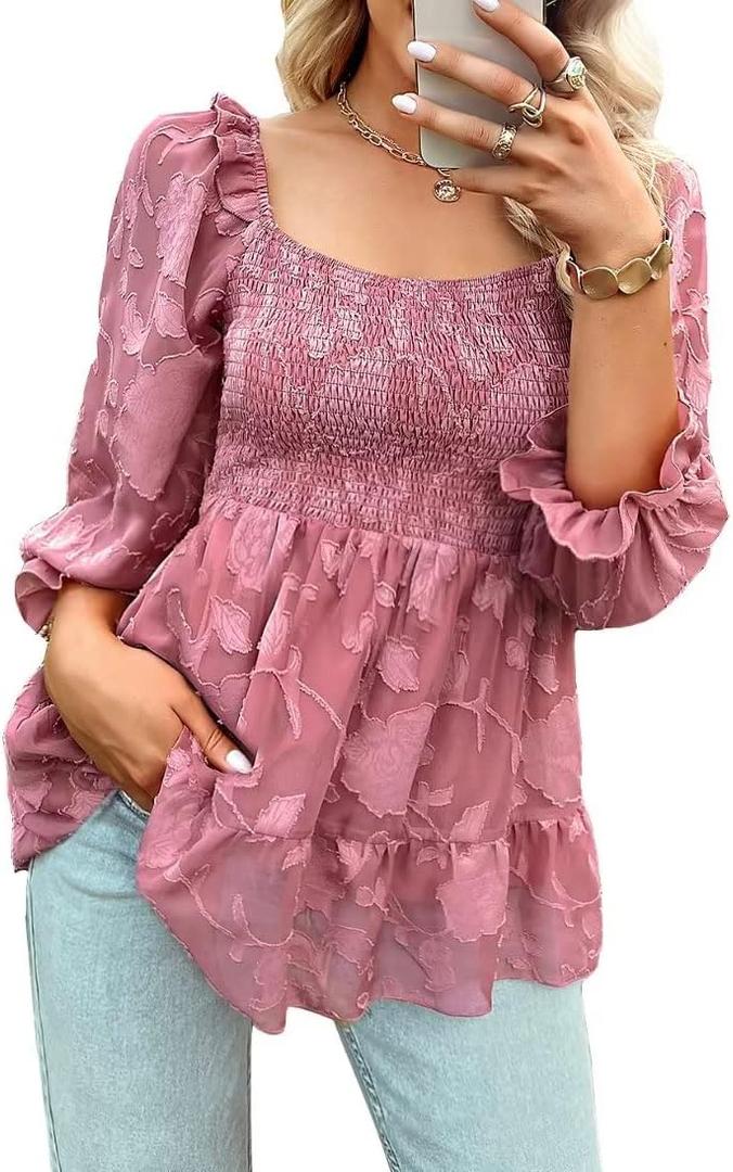 Ruched Blouse Square Neck Swing Blouse Casual Ruched Tiered Shirt Tunic Long Sleeve Chiffon Top Rose Pink XL