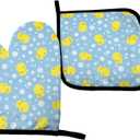 2 x Perinsto Cute Rubber Ducks Oven Mitts & Pot Holders Kitchen Set Heat Resistant Cartoon Duckling Decorative Cooking Gloves Microwave Oven Gloves for Baking Grilling BBQ (Set of 2)