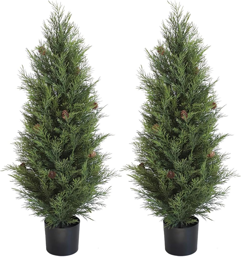 UV Resistant 3ft Artificial Cedar Topiary Trees Faux Cedar Bush with Pine Cone Indoor&Outdoor use for Garden Decor(Set of 2)