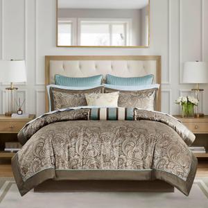 Madison Park Aubrey Cozy Comforter Set, Faux Silk Jacquard Paisley Design - All Season Down Alternative Bedding with Cotton Bed Sheets, Bed Skirt & Toss Pillows, King Blue 12 Piece