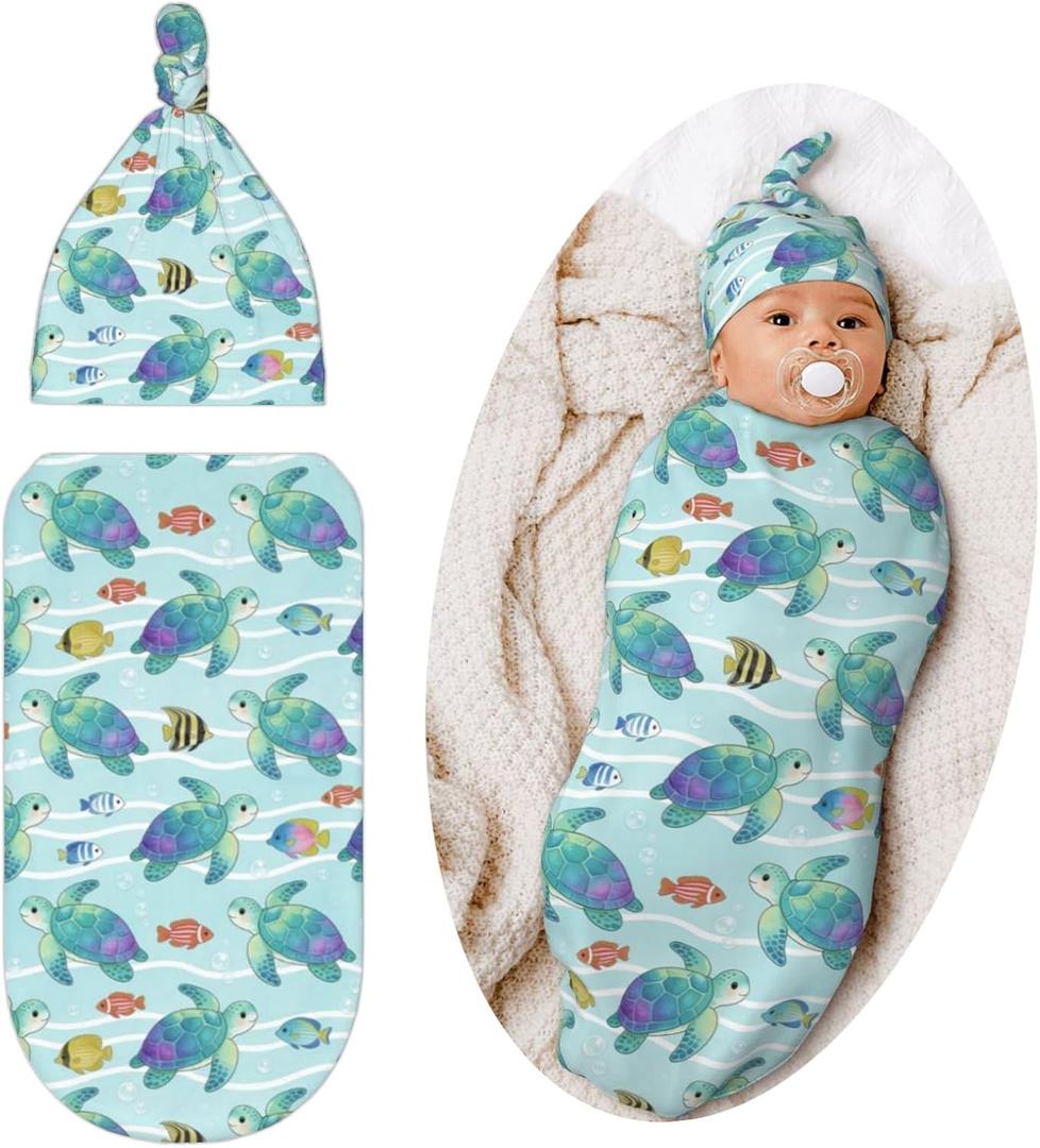 Turtle Swaddling Blanket for Baby, Unisex Beach Baby Stuff with Hat