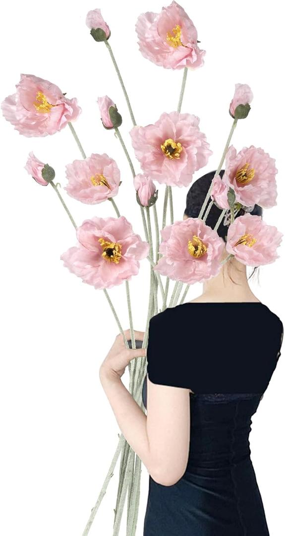 Poppy Flowers Artificial,6PCS Pink Silk Poppies 35.43in Fake Long Stem Flowers for Tall Vase Wedding Party Home Decor(Light Pink)