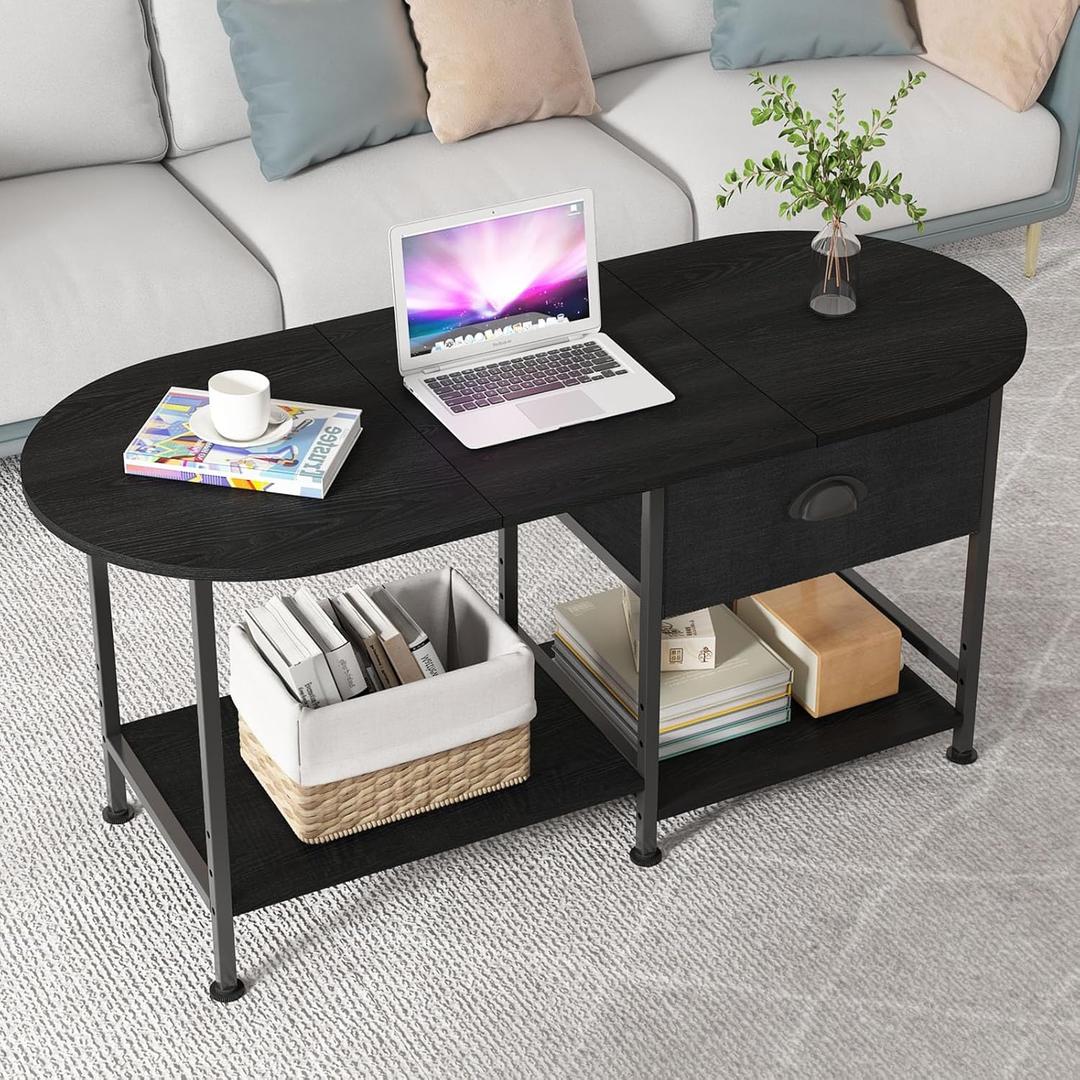 37" Oval Small Coffee Table with Storage,Modern Wood Living Room Center Table for Small Space,Apartment,Home Office,Drawer & Open Shelves,Easy Assembly,Black