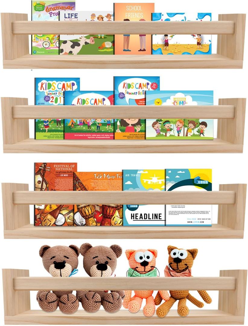 Nursery Book Shelves Set of 4,Wood Floating Nursery Shelves for Wall,Wall Bookshelves for KidsBathroom Decor, Kitchen Spice Rack (Set of 4)