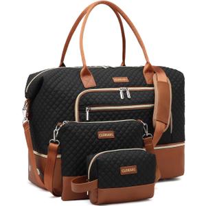 Weekender Bags for Women, Travel Duffle Bag Carry On Overnight Bag with Cosmetics Bag and Crossbody Purse for Gym Hospital, Gifts for Women, Black Brown