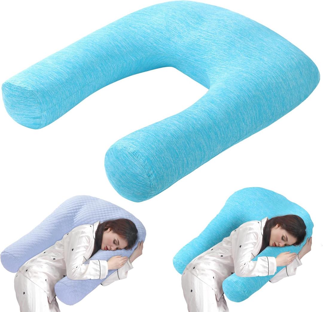 HOMBYS Cooling U Shaped Pillow for Neck, Contour Shoulder Pillow for Side Sleepers, Ergonomic Body Pillows for Adults, Hug Pillow with Washable Cover for Back, Shoulder Pressure Reduce (Light Blue)