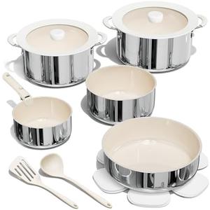 CAROTE 14pcs Pots and Pans Set Non Stick, Ceramic/ Stainless Steel Cookware Set with Detachable Handle, Induction Cooking Sets, Dishwasher/ Oven Safe, RV Kitchen, Cream White