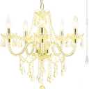 PAPAYA Plug-in 5 Light Gold Crystal Hanging Pendant Lights Acrylic Chandelier with Cord & On/Off Switch H19 D19.7 for Kitchen Island Girls' Room Dining Area Laundry Pavilion