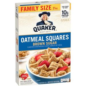 Quaker Oatmeal Squares Breakfast Cereal, Brown Sugar, 21oz Family Size Box (EXP 04/11/27)