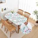 Spring Pink Floral Oval Fitted White Tablecloth 48x68 Inch Outdoor Elastic Table Cloth Washable Non Slip Spandex Stretchy Fabric Table Cover Wrinkle Free with Cute Flower Green Leaves