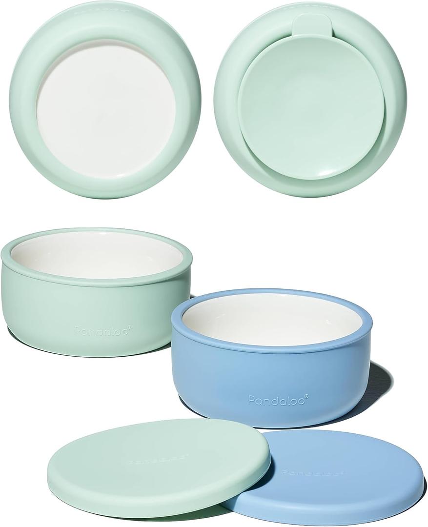 Pandaloo Porcelain Kids Bowls with Removable Silicone Sleeve & Lid  Strong Suction Base, Microwave & Dishwasher Safe, Toddler-Proof, Non-Slip Ceramic Feeding Bowls for Babies & Toddlers (Set of 2) (Baby Blue/Sweet Sage)