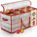 Plastic Large Christmas Ornament Storage Box with Adjustable Dividers, Organizer Holds 128 Large 3" Ornaments, Balls, Figurines Waterproof Holiday Decoration Container, Dual Zipper, Reinforced Handles (Frosted - Red) 25.5"x12.7"x13.5"
