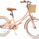 Bixike Retro Design Girls Bike with Basket and Coaster Brake for 3-13 Years Old Kids, 14 16 18 Inch Cruiser Bicycle for Toddlers with Training Wheels, 20 24 26 Inch with Kickstand, Multiple Colors (Peach)