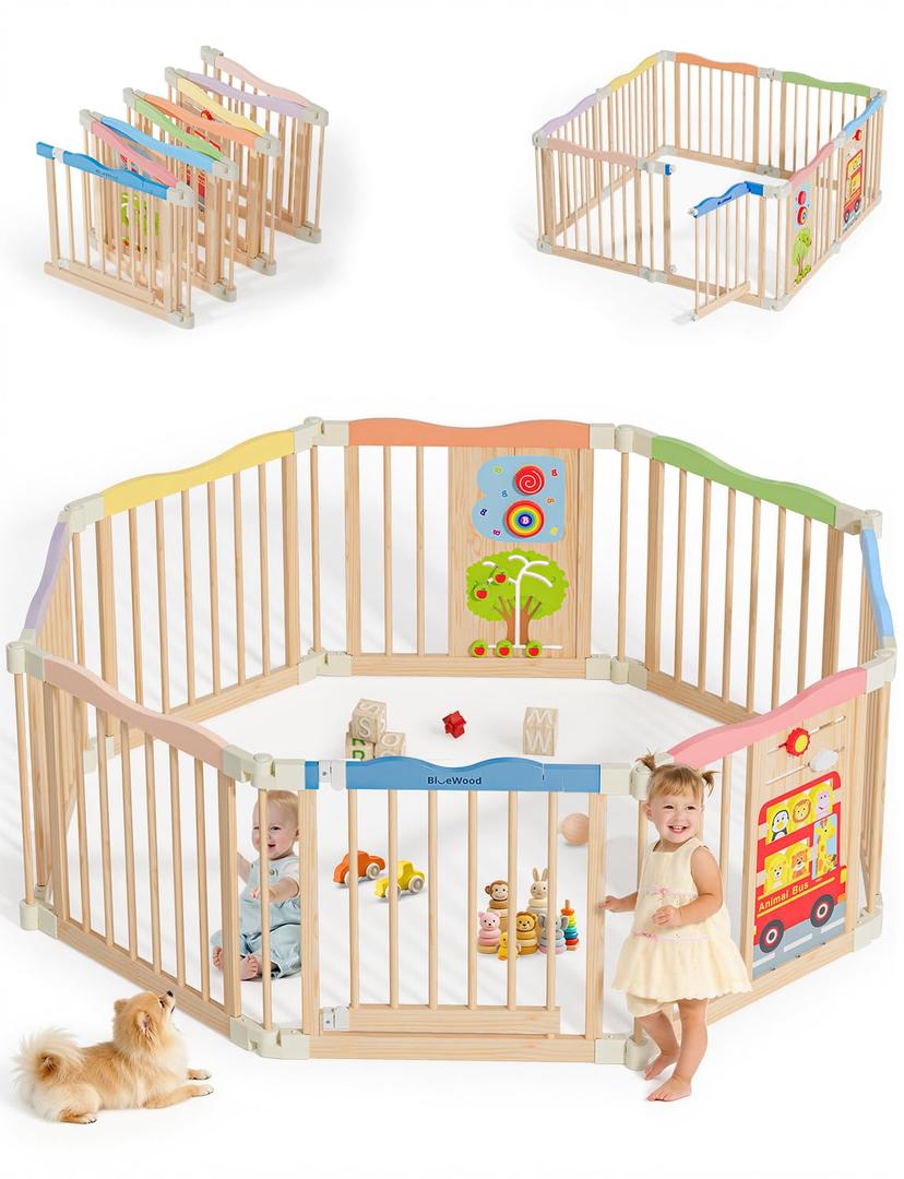 Foldable Wooden Playpen, 55 x 55 x 24 inches, Animal Bus, Colorful