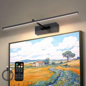 iYoee Battery Operated Picture Light with Wireless Remote 3CCT Dimmable Black Wall Art Lights for Paintings Rechargeable Home Decor Gallery Light 24 Artwork Lighting for Canvas Timer Function