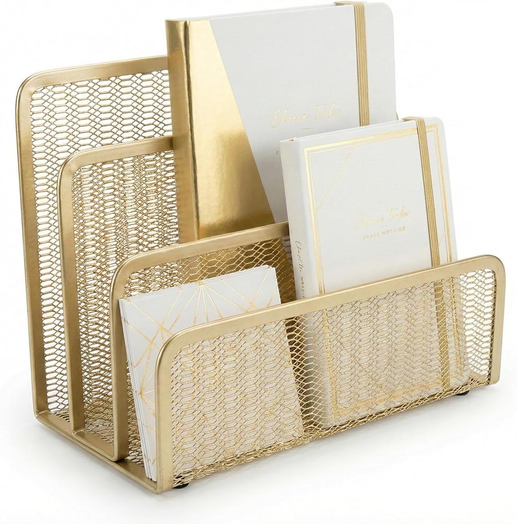 BLU MONACO Gold Mail Organizer for Desk - Mail Holder Countertop - Gold Metal Mesh Letter Sorter & Envelope Holder