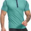 PLEPAN Mens Henley Shirts Crewneck Short Sleeve Casual Cotton T-Shirts with Contrast Color Collar (Large, Blue-green)