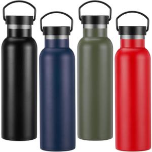 LemonRoad 4 Pack Water Bottles Insulated Stainless Steel 21 oz Double-wall Insulated Leak-proof Non Spill Reusable Sport Water Bottle with Lid for Camping Hiking, Black, Navy Blue, Military Green, Red