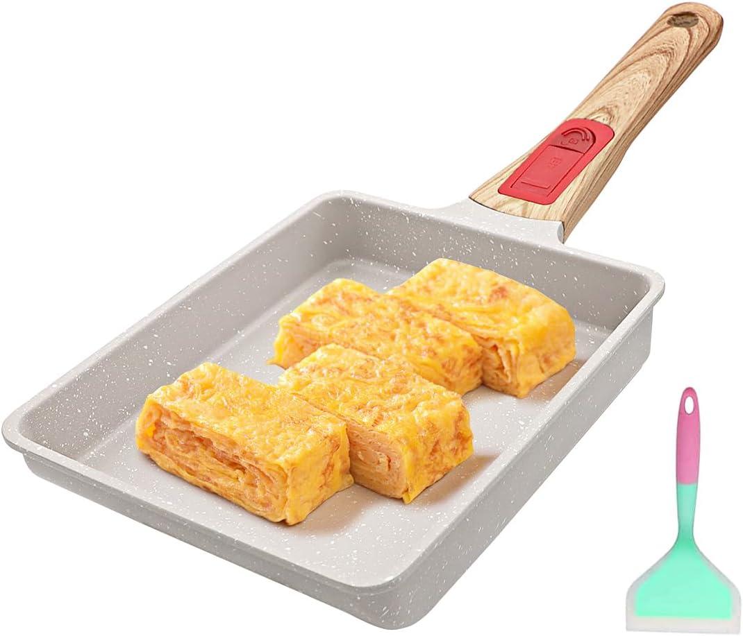 AIKENBBKK Tamagoyaki Pan, Japanese Omelette Pan Nonstick, Japanese Egg Pan, Square Egg Pan, Induction-Ready, Detachable Handle, with Silicone Spatula, PFAS & PFOA-Free, Oven Safe, White, 7.5 x 6.3