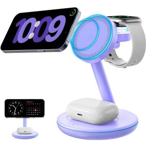 2026 3 in 1 Charging Station for Apple iPhone AirPods Watch with Mag-Safe Charger Wireless Charger Stand for iPhone 17 16 15 14 13 12 Series AirPods iWatch Series - Gifts for Wife & Husband(Purple)