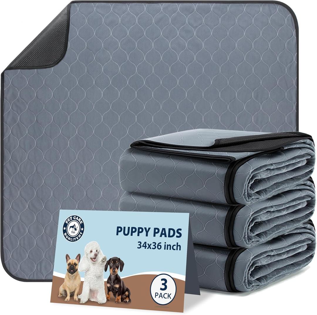 Washable Pee Pads for Dogs, 34x36 Reusable Puppy Pads with Fast Absorbent, Waterproof Reusable Pee Pads for Whelping, Training, Incontinence and Potty, 3 Pack, Grey
