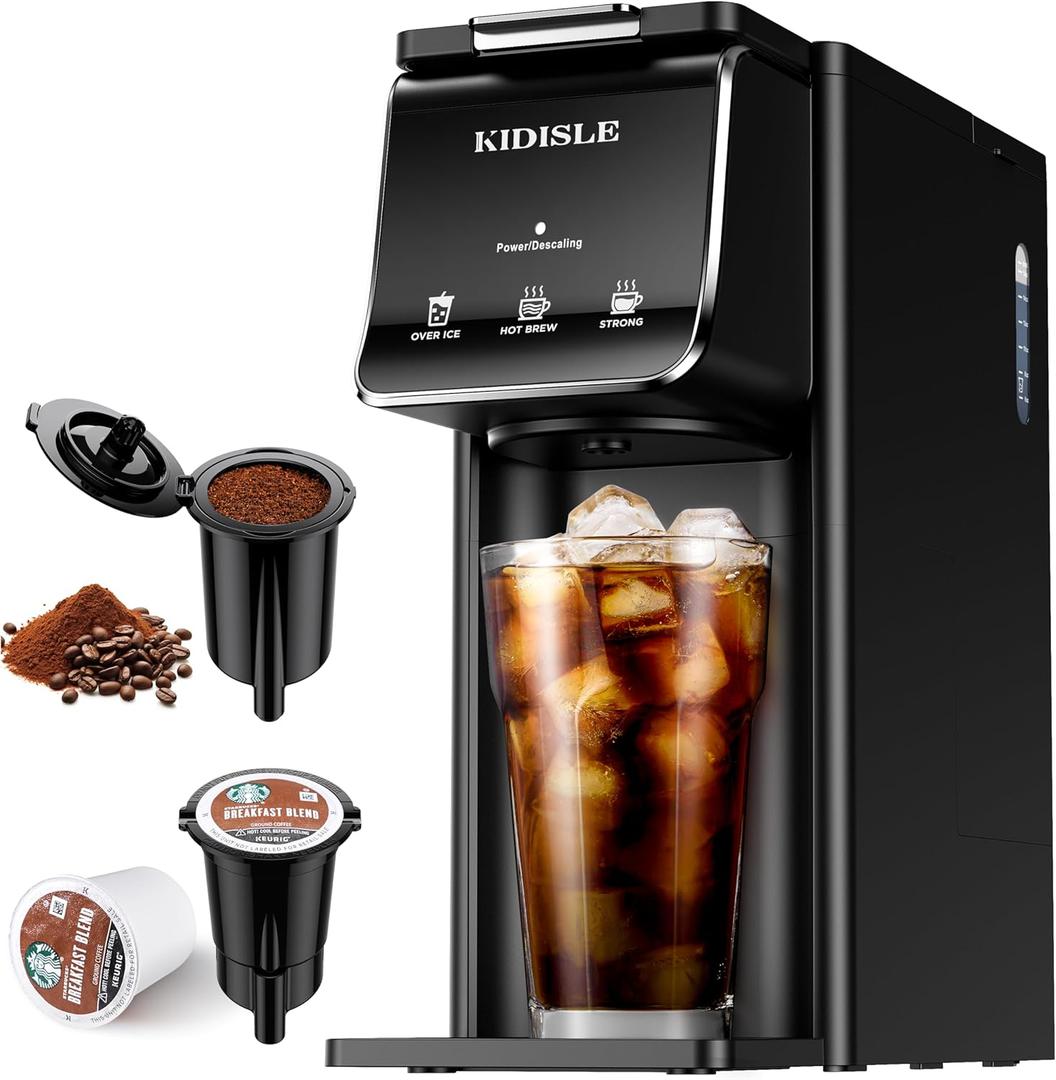 KIDISLE Hot & Iced Coffee Maker for K-Cups & Ground Coffee, Single-Serve Brewer with Bold Setting, Reusable Filter, Travel Mug Friendly, Compact & Quick Brew, Black