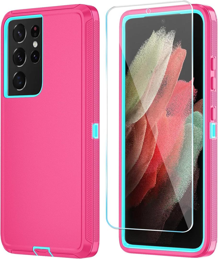 ONOLA Phone Case for Samsung Galaxy S21 Ultra Case with HD Screen Protector, Heavy Duty Shockproof & Dropproof 3-Layer Cover Phone Case for Galaxy S21 Ultra 6.8''PinkSkyBlue