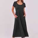 ANRABESS Women Summer Casual Maxi Dress Short Sleeve Square Neck High Waist Flowy A-Line Beach Long Dress with Pockets Black Small (Black, S)
