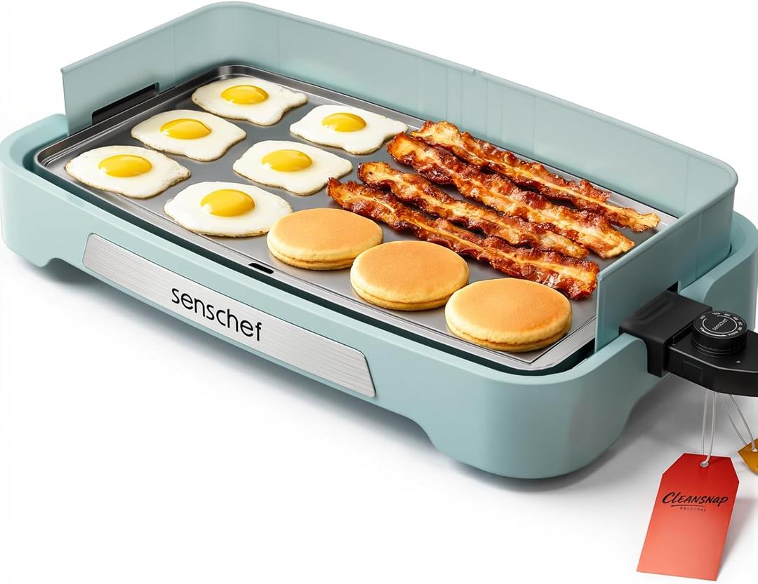 Cleansnap Everyday Electric Griddle,The Ultimate Gift for Family Feasts - 20 Nonstick Grill with Foldable Anti-Mess Shield, Rapid 1700W Heat & PPG Ceramic Coating, Dishwasher Safe, Saga Blue (20 x 12")