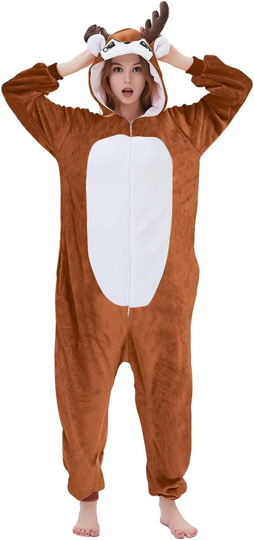 Reindeer Costume Deer Onesie for Adult Women Men Halloween Pajama (Brown, XL)