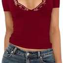 Women's Short Sleeve Sexy Lace V-Neck Summer Going Out 2025 Crop Tops Slim Fit Tees Trendy Y2k Clothing Small, Burgundy
