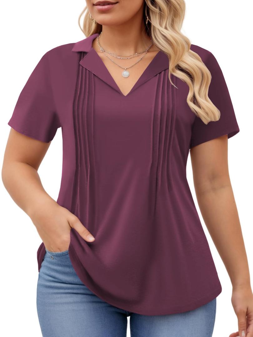 Plus Size Tops for Women 2X Summer Short Sleeve Polo T Shirts Trendy Loose Fit Tunics Fuchsia, XX-Large