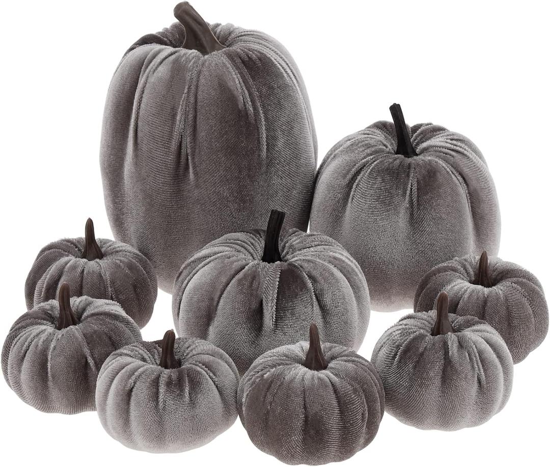 9Pcs Fake Small Pumpkins Velvet Fabric Pumpkin Assorted Halloween Kitchen Decorations Fall Table Centerpiece Thanksgiving Farmhouse Grey