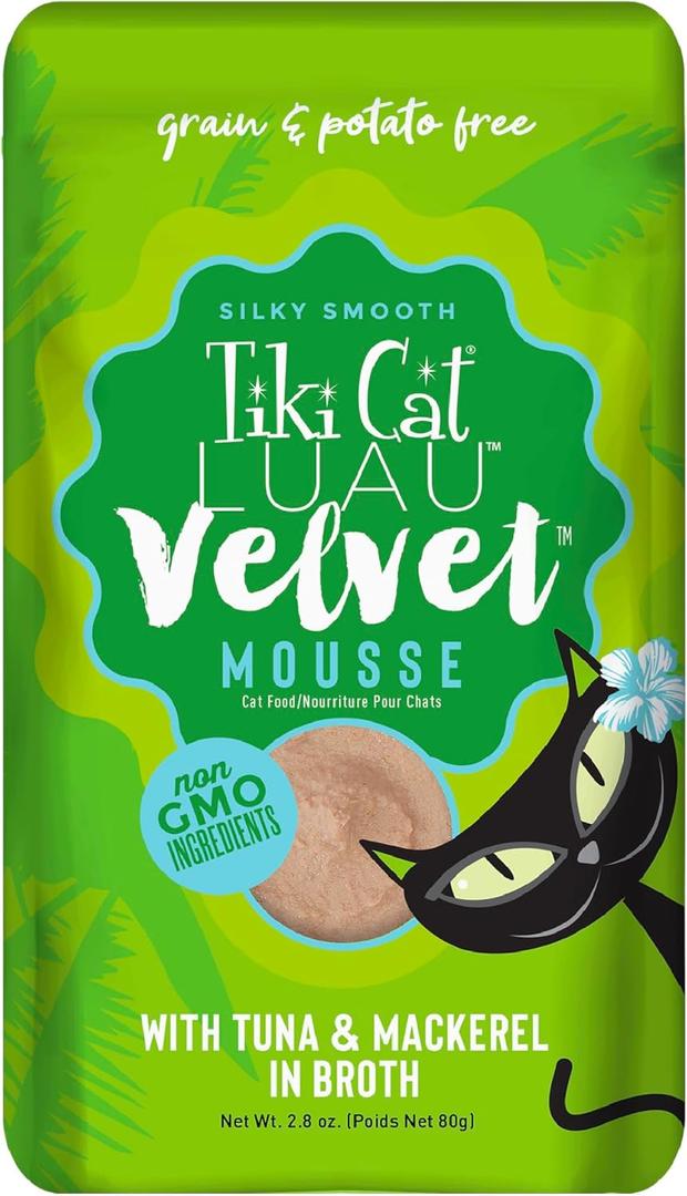Tiki Cat Luau Velvet Mousse, Tuna & Mackerel in Broth, Complete Nutrition for Balanced Diet, Wet Cat Food For All Life Stages, 2.8 oz. Pouch (12 Count) 08/14/2026