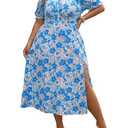 Floerns Women's Plus Size Floral Print Tie Front Square Neck Slit Hem Midi Dress Blue Flower XXXL 22