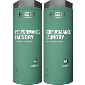 HEX Performance Laundry Detergent, Unscented, 100 Loads (50ld Pack of 2) Concentrated Activewear Detergent for Odor Removal, Sweat & Residue, Fragrance-Free, HE Compatible, Biodegradable Formula