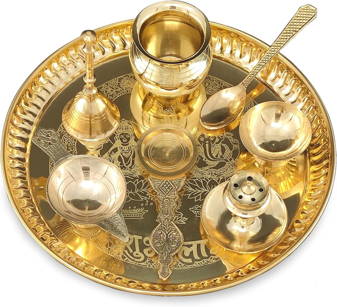 Brass Pooja Thali Set 8 Inch with Pital Plate Kalash Spoon Diya Bowl Dhup Dan Ghanti Kappur Arti Daily Puja Thali for Diwali Home Mandir Office Wedding Return Gift Items