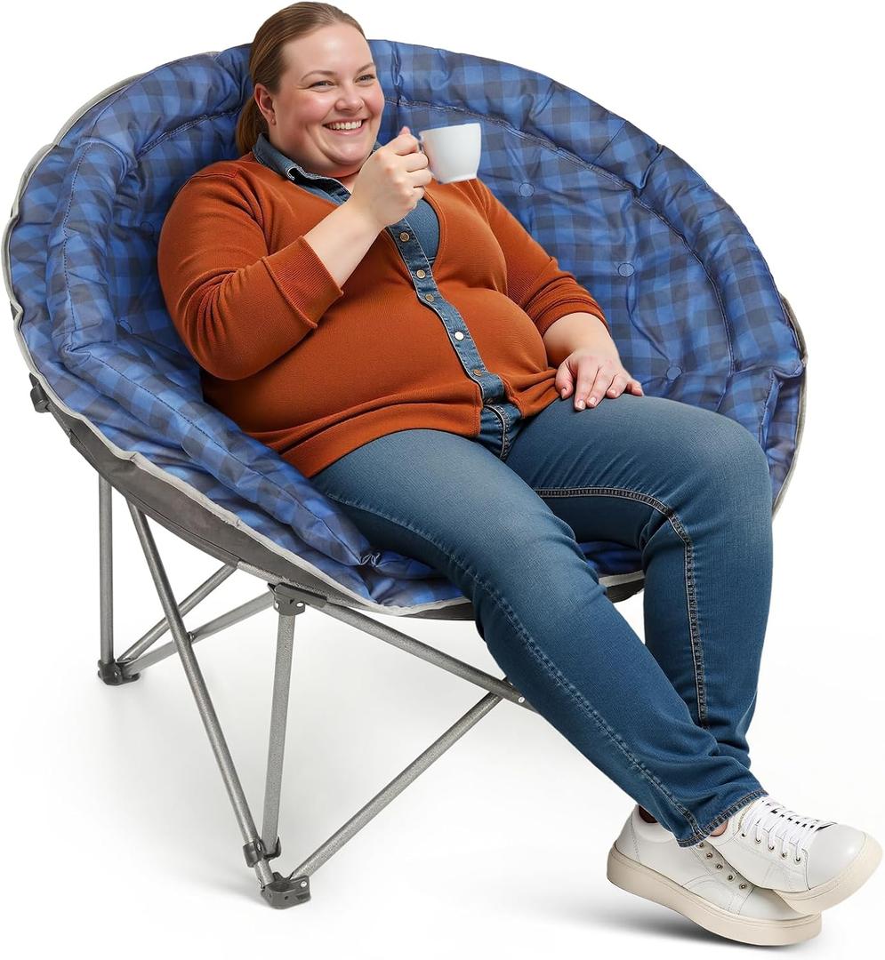 Oversized XXL Folding Round Camping Chair,Super Comfy Padded Moon Camp Chairs,Heavy Duty Supports 200 Kg Outdoor Lawn Chairs for Adults,Perfect for Indoor,Family Camping,Hiking,Picnics and Garden, 18.11' ' X 18.11'' X 41.3''