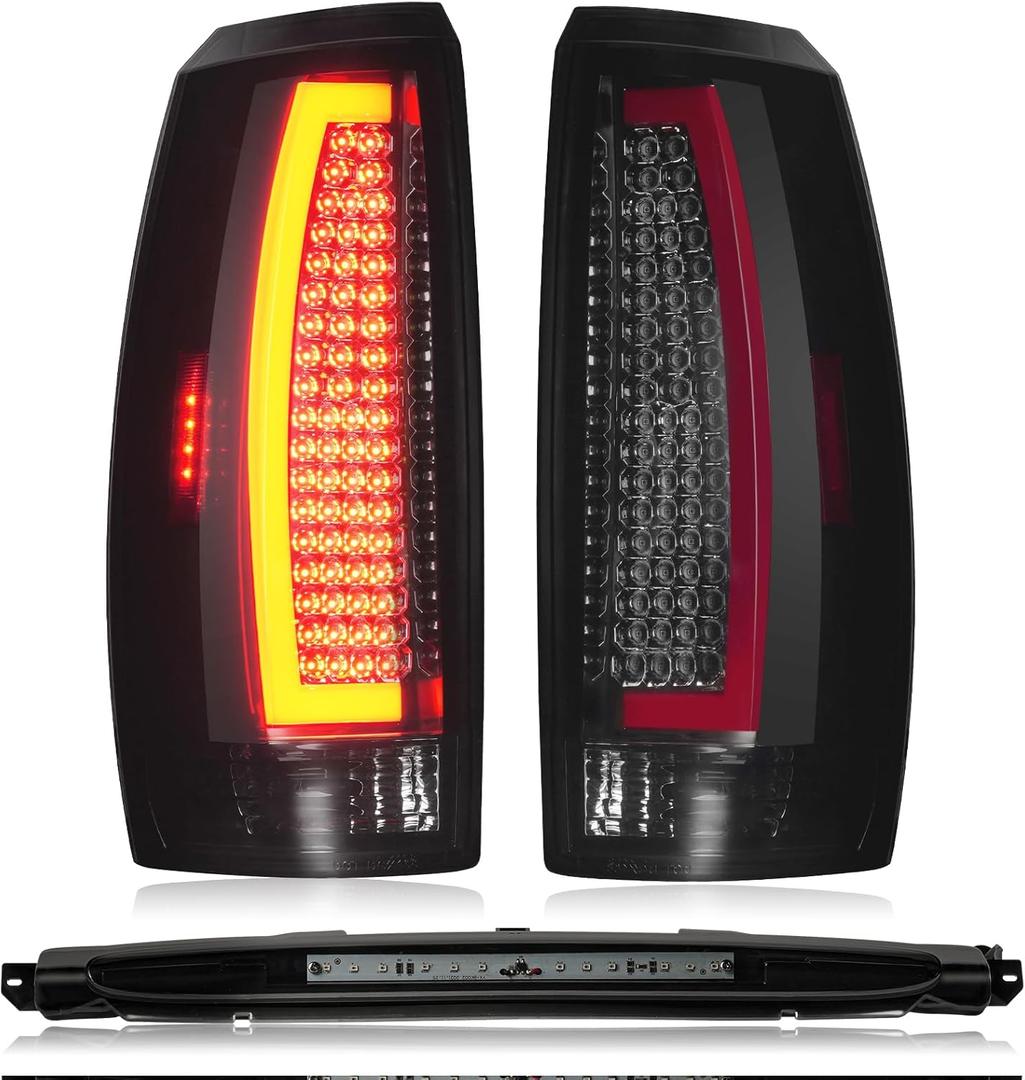 LED Tail Lights Assembly + 3rd Third Brake Cargo Lamp Compatible with Chevy Avalanche 2007-2012 Rear Taillight, High Mount Stop Light Rear Taillight Smoked Lens, 3 Pcs (Chrome Housing Smoked Lens)