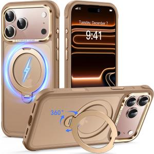 Reukdnv Magnetic for iPhone 17 Pro Max Case, Military Drop Protection, Compatible with MagSafe, Slim Translucent Matte Shockproof Protective Phone Case with 360 Spin Stand 6.9", Desert Gold
